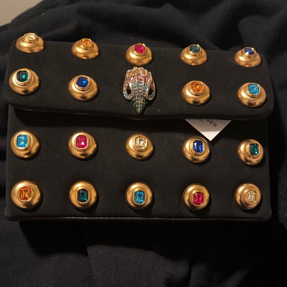 NWT Kurt Geiger Black Fold-Over Cross body with Gold Studs and Multicolored Gems